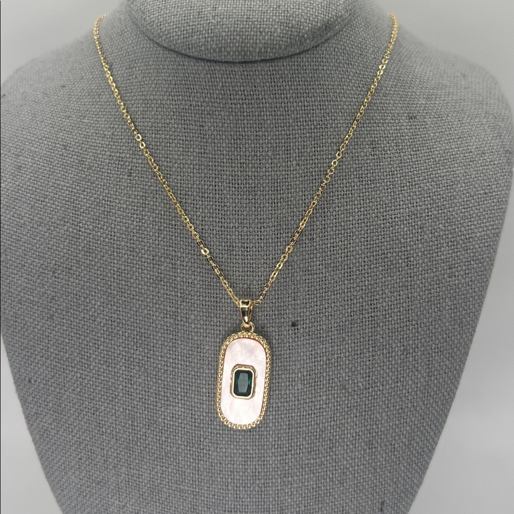 093. 18k Gold Plated Mother of Pearl and Emerald Stone Necklace 17” - 18”